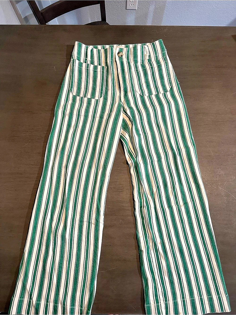 maeve The Colette Full Length Striped Wide Leg Pants in Green & Cream Waist 27